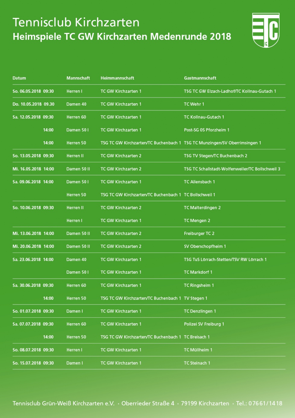 Übersicht Heimspiele 2018 TC GW Kirchzarten